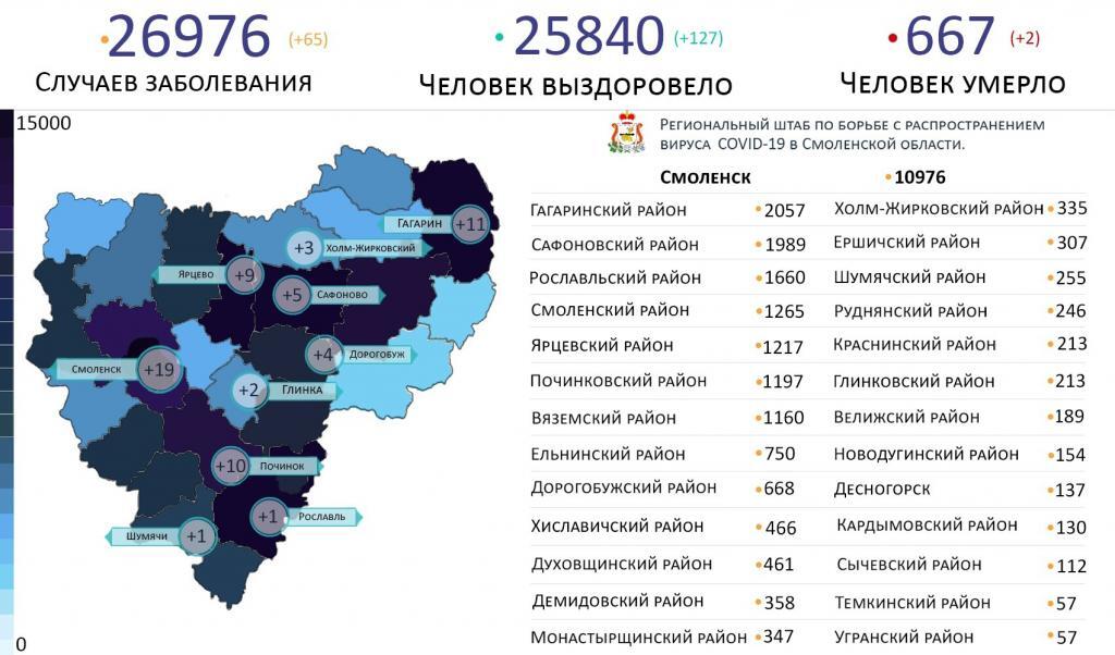 Новые случаи коронавируса в Смоленской области 11 марта выявили на 10 территориях