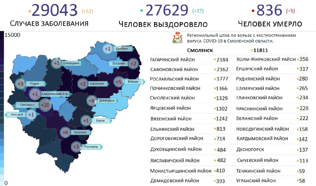 Новые случаи коронавируса в Смоленской области на 22 апреля выявили на 13 территориях