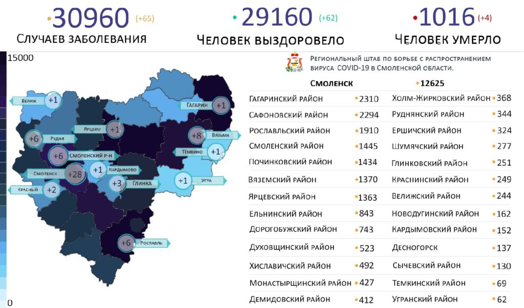 Новые случаи коронавируса в Смоленской области на 29 мая выявили на 13 территориях