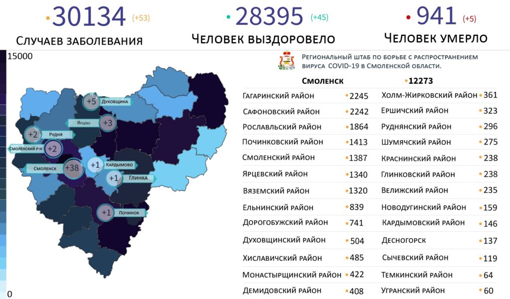 Новые случаи коронавируса в Смоленской области 15 мая выявили на 8 территориях