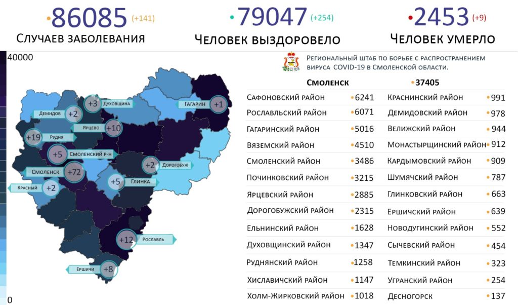 В Смоленской области коронавирус за сутки выявили в 12 районах
