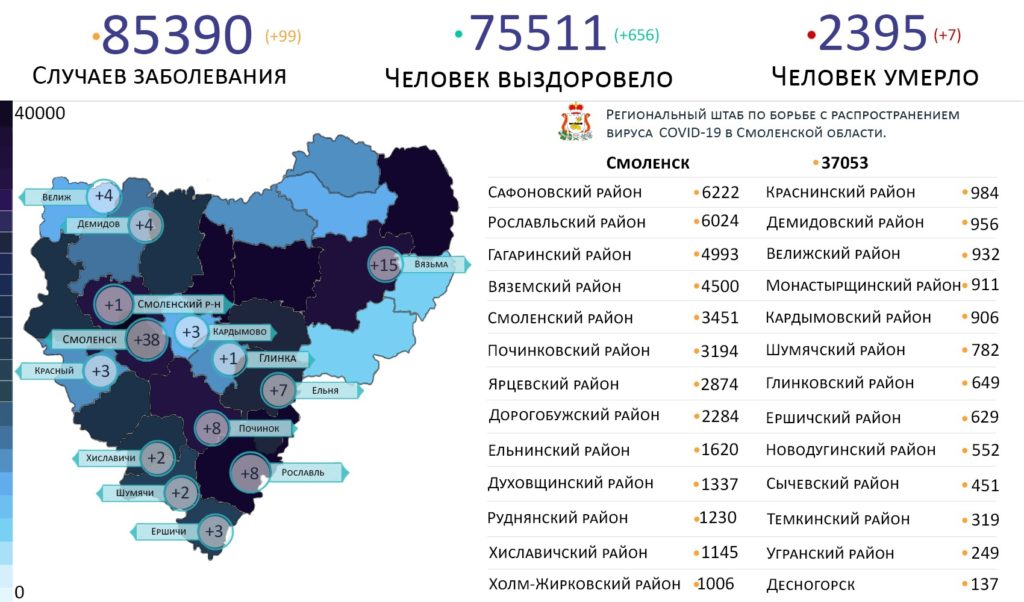 В Смоленской области коронавирус за сутки выявили в 14 районах